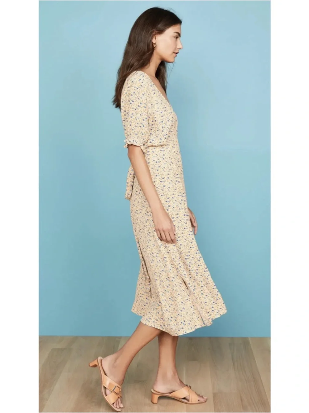Faithfull the Brand Farrah Midi Dress Cornflower Blue Floral Butter Yellow Large